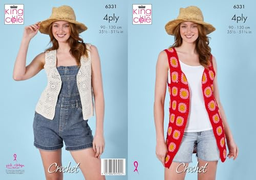 King Cole 6331 Crochet Pattern 4Ply Ladies Plain or Coloured Waistcoats