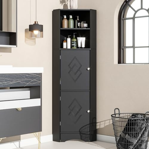 Easexcy Badschrank, Badmöbel, Eckschrank mit Zwei Ablagefächern, offenes Fach mit verstellbarem Einlegeboden, 36.5X 36.5 x 155 cm (schwarz)
