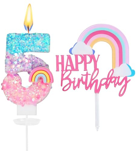 Geburtstagskerzen Zahlen 5,3D Regenbogen Kerzen Geburtstag,Kerze 5 Geburtstag Mädchen,Tortendeko Regenbogen,Geburtstagskerzen Kinder für Geburtstags Party Dekoration