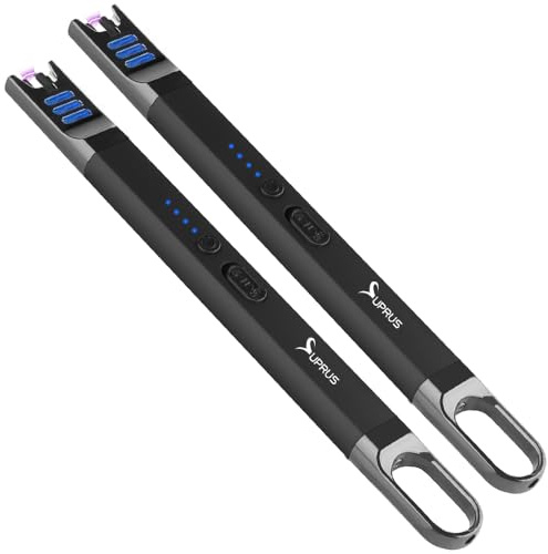 SUPRUS Lot de 2 briquets à arc électrique sans flamme rechargeable par USB avec lumière LED pour bougie, camping, barbecue, cuisine (noir, 2 paquets)