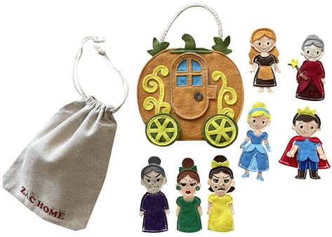 ZAC HOME Cinderella Finger Puppet Set – Princess, Prince, Fairy Godmother, Stepmother, Stepsisters & Pumpkin Carriage – Felt Puppets with Storage Bag for Kids Storytelling and Pretend Play