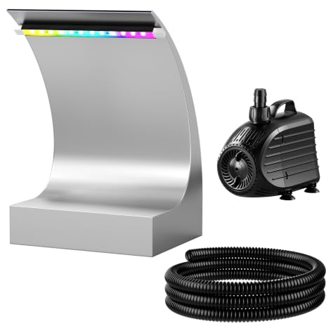 POPOSOAP Teich-Wasserfall-Überlauf-Set 4500 l/h für Gartenteiche, Pools | 20 cm Edelstahl-Auslass, 24-V-Gleichstrom-Wasserpumpe mit LED-Beleuchtung, schöner Wasserfluss für Gärten