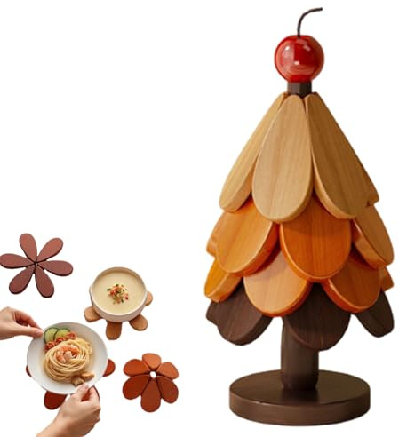 Wooden Trivet Tree Coasters Stackable, Christmas Tree Shaped Trivet Set, 3/4/5 Natural Wood Kitchen Hot Dish,Wood Hot Pad Holder for Plates, Dining Table Protection