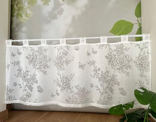Jeeman Jacquard Kurzgardine mit Blumen Schmetterlingsmuster Halbtransparente Scheibengardine Spitze Retro Bistrogardine Halbgardine Für Café Schlafzimmer Küche Weiß HxB 80x200cm 1 Stück