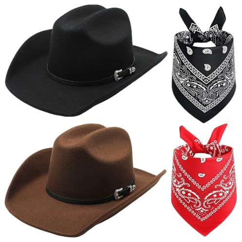FCXVXCL Cowboy Hat For Women & Men 4 Pcs Hats & Bandanas Cowboy Sun Hat Western Fancy Accessory Wide Brim Set For Cowgirl Theme Party Halloween Party Accessories One Size