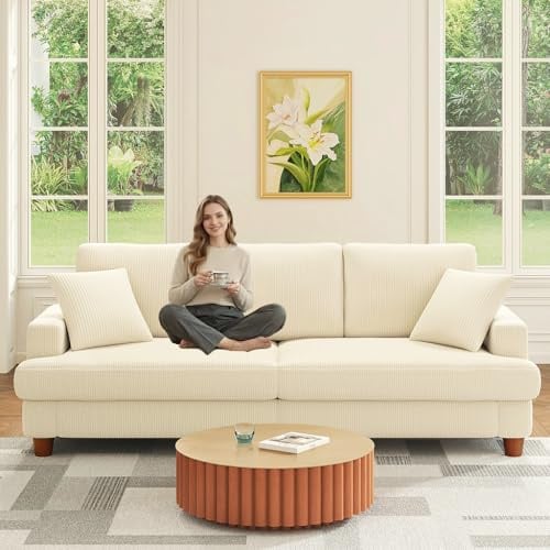 Kidirect Cord Sofa 3 Sitzer, 221CM Bequemes Couch 3 Sitzer, Sofa Wohnzimmer | Big Sofa Couch 53CM Extra Tiefe Sitze, Werkzeugfreie Montage, Modernes Couch fürs Büro, 2 Kissen, Schlafzimmer Sofas Beige