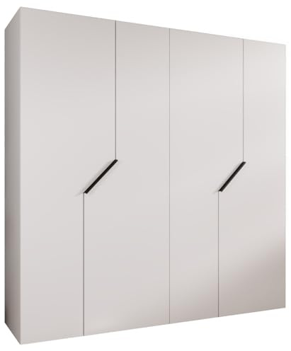 MEBLE KRYSPOL - Kleiderschrank - Garderobenschrank - 200 cm x 202 x 52 cm - Schrank mit Kleiderstange, 4 Türen - für Schlafzimmer, Flur - Andrew, Weiß, Griff Schwarz
