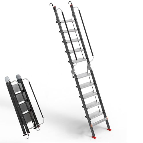 Dachbodentreppe Schwarze Klappbare Dachbodentreppen mit Handläufen, Aluminium-Dachbodentreppen, Robuste Haushaltsleitern für Wartungsarbeiten am Gebäude(10 Steps 2.4-2.7m (94.5-106.3))