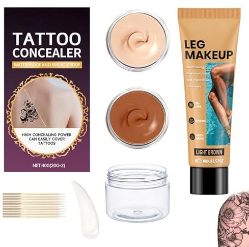 2 Pièces Fond de Teint Tatouage 40g+100g Corps Waterproof Fond de Teint Couvrant Tatouage Maquillage Corps Waterproof Cache Tatouage Jambes pour Couvrir Cicatrices et Taches Cutanées