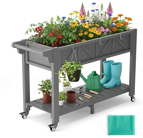 Hochbeet 120x44x70cm, Metall Hochbeet mit Rollen & Griff, 3 Haken & Vlieseinlage, Für Gemüse Blumen Kräuter, Garten Balkon Terrasse, Grau