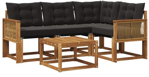 vidaXL Outdoor-Sofagarnitur mit Kissen 5 pcs Natürlich und Schwarz, Garten-Sofa, Moderne Außenmöbel, langlebige Sitzgruppe, Bequeme Lounge, Akazien-Sitze, Entspannung im Garten
