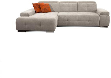 CAVADORE Ecksofa Mistrel mit Longchair XL links / Große Eck-Couch im modernen Design / Inkl. verstellbaren Kopfteilen / Wellenunterfederung / 273 x 77 x 173 / Kati Grau-Weiss