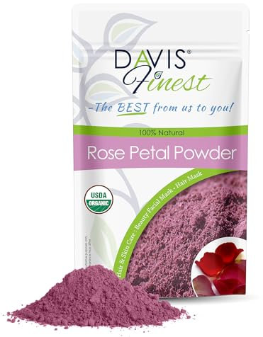 Davis Finest Organic Rose Petal Powder 100g, Pure & Natural Rosa Damascena Dried Damask Rose Petals Facial Mask Skin Brightening Lightening Exfoliating Face Pack Hair Mask, Natural Rose Fragrance