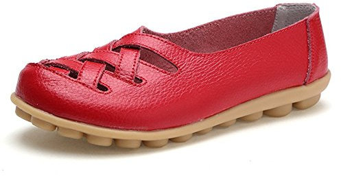lovejin Damen Bootsschuhe Barfußschuh Weichen Leder Flache Schuhe Bequeme Fahr Schuhe Hohlen Freizeit Flache Schuhe, 35 EU, Rot