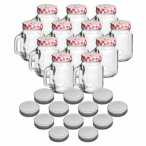 gouveo 12er Set Trinkgläser 450 ml mit Deckel rot, silberfarben - Trinkglas mit Henkel und Mehrweg-Trinkhalm - Henkelgläser mit Deckel - Cocktail-Glas für Garten (TGH450SR)