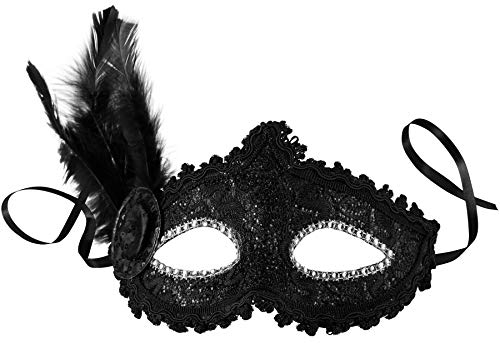 dressforfun 900888 Venezianische Maske mit seitlicher Feder für Damen, Augenmaske mit Stoffmuster, Zierborte und Strass für Ball Fasching Karneval Halloween - diverse Farben - (schwarz | Nr. 303549)