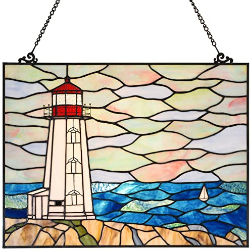 Bieye W10066 Peggy's Point Lighthouse Tiffany Style Stained Glass Window Hangings Panel, 19 W x 14.4 H