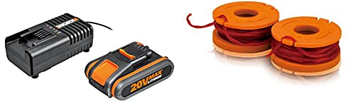 Worx Wa3601 Kit 1 Carica Batteria Rapido + 1 Batteria Power Share 20V/2.0Ah Agli Ioni Di Litio & Wa0004.1-2 Rocchetti Filo Da 3Mt. X 1,65Mm Ricambio Per Decespugliatori Wg163/169/157E