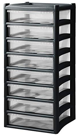 Extra Large 8 Drawer Home & Office Plastic Tower Storage Unit - Black - 82cm (H) x 38cm (W) x 38cm (D)