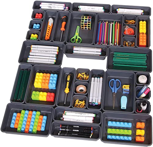 SENENQU 24er-Set Schubladen Ordnungssystem Büro, Kunststoff Schreibtisch Organizer Schubladen, Schublade Organizer Büro für Küche, Badezimmer, Büro Zubehör, Schminktisch, Schlafzimmer - Dunkelgrau