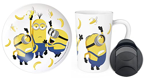 Zak Designs Latte-Becher und Teller aus Keramik, Motiv: Ich - Einfach Unverbesserlich Minions für Kaffee, Tee, Frühstück oder Dessert, mit Reisebecher-Deckel (2-teilig, kein BPA)
