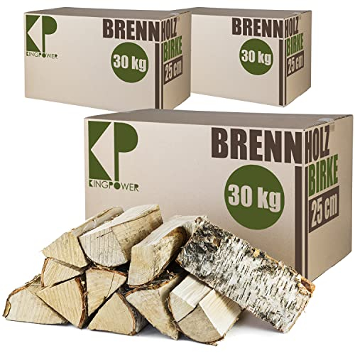 Brennholz Kaminholz Birkenholz 30, 60 und 90 kg Holz Birke Für Ofen Kamin Kaminofen Feuerschale Grill Feuerholz Holzscheite Wood 25 cm Kammergetrocknet Kingpower, Menge:90 kg