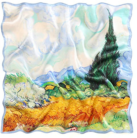 Prettystern Bandana Foulard Carré Petit en Soie Femme Coloré Peinture champ de blé P569