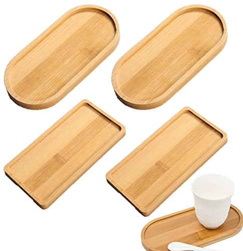 Rebanky 4 Pcs Plateau en Bambou Rectangulaire Ovales Plateau de Service en Bambou Petit Plante Bois Soucoupe Plante pour Café,Pain,Fruits Steak,Nourriture