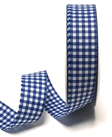 s.dekoda Schleifenband 25m x 25mm Blau - Weiß Karoband kariert Vichykaro Dekoband ohne Draht
