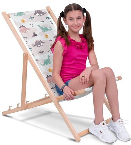 DreamRoots Kinder Liegestuhl Holz Gr. M, Dinos Friends | Klappbarer Campingstuhl faltbar, für Garten & Strand, bis 130 kg, waschbarer Bezug, 100% Polyester, UV-beständig, Kinderliege