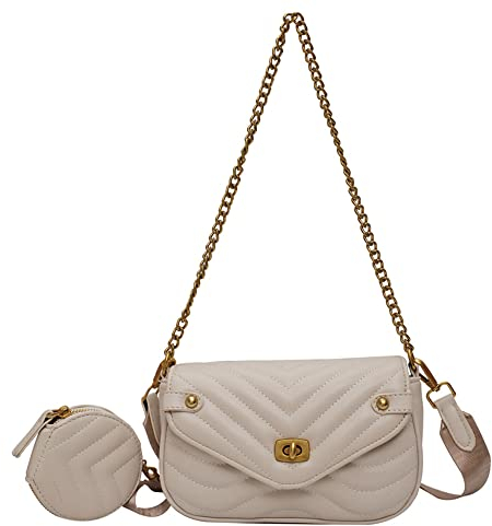 ANNI RIEL Gesteppte kleine Umhängetasche für Damen mit Münzgeldbörse stilvolle Kette Umhängetasche Leder Clutch Abendtasche, weiß, small