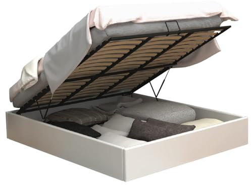MEUBLE COSY Letto contenitore 160 x 200 cm, Telaio del letto imbottito in similpelle, Sollevamento idraulico sotto il vano di stivaggio sotto il letto, con rete a doghe in legno, Bianco