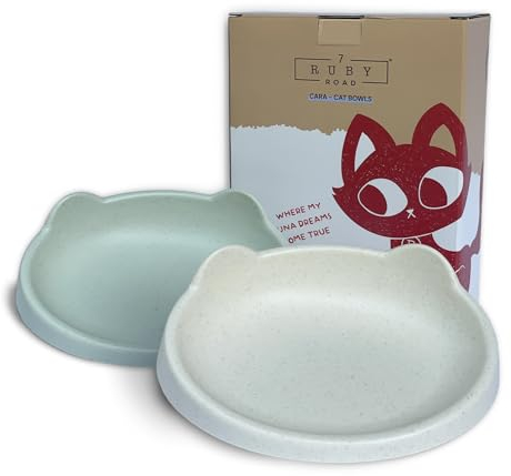 7 Ruby Road Anti Whisker Fatigue Cat Bowl, Set of 2 - Wide Food Bowls, Wet and Dry Shallow Food Dish, Small Cat Dishes for Indoor Cats, Cute Kitten Bowls Whisker Friendly & Relief, Non-Slip Plates