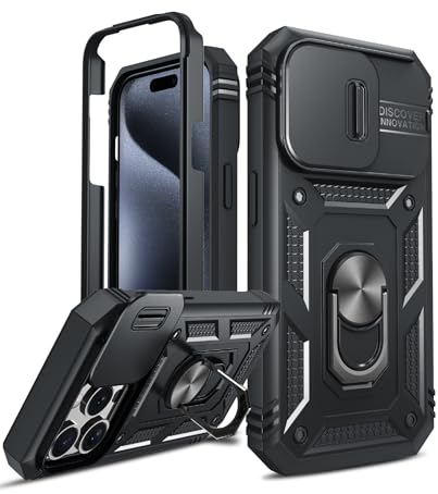 LeYi Handyhülle für iPhone 15 Pro Hülle Fallschutz mit Kameraschutz (Nein Schutzfolie), 360 Grad Ständer Robust Bumper Schutzhülle Outdoor Handy Hülle für Apple i Phone 15Pro Hardcase Schwarz