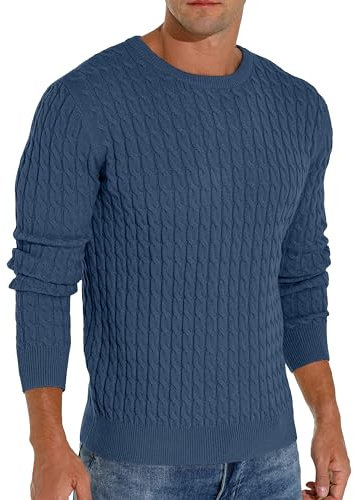 Hisir Men's Winter Cable Knit Jumpers Casual Crew Neck Warm Long Sleeve Pullover Sweater Tops for Men (Blue, M)
