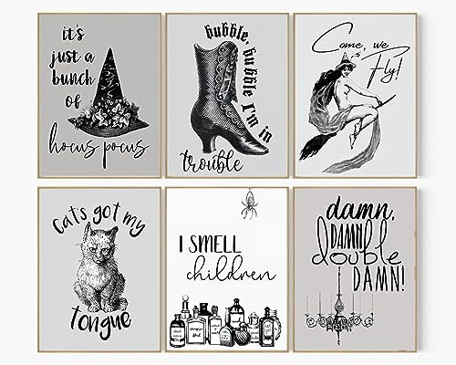 JINNAZY Vintage Halloween Leinwand Wandkunst, Retro Schwarze Katze Poster 6 Stück 20,3 x 25,4 cm, Viktorianischer Rabe Ashland Hexe Bild Druck, gruseliger gruseliger Geist, Dark Academia