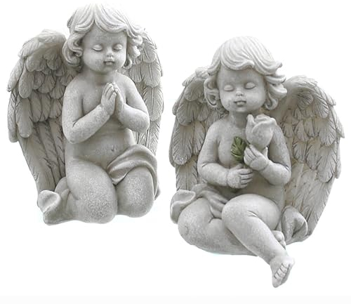 Annastore Besinnliche Grabdeko zur Erinnerung, frostfest und witterungsbeständig Grabschmuck - Grabfigur - Friedhof Deko (2-TLG. Set Engelpaar - H 12 cm)