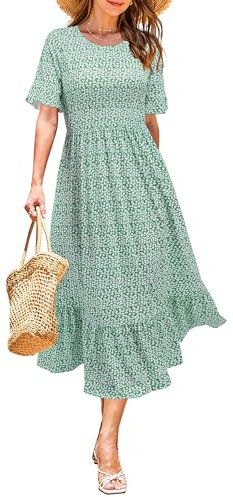 STYLEWORD Women Summer Dress Floral Short Sleeve Ladies Casual Swing Midi Dress with Pockets(Green Floral,Medium)