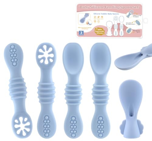 MUQZI 6 Pack Lernlöffel für Baby, Baby Löffel Brei ab 4 Monaten Selber Essen, Starter Breilöffel Fütterlöffel Babylöffel Silikon Kleine Löffel Esslernlöffel, Blau