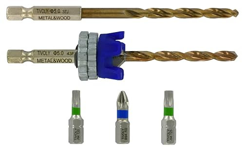 Tivoly • Kit Terrasse • Foret Ø5mm avec Fraisoir • Mèche & Fraise 2 en 1 Bois-Métal • 3 Embouts de Vissage INOX • Foret de Rechange Fourni • Butée de Profondeur Réglagle