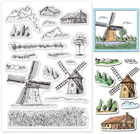 GLOBLELAND Timbri Trasparenti Mulino A Vento per Scrapbooking Fai Da Te Casa di Montagna Erba Sigilli per Timbri In Silicone Timbro Trasparente per Biglietti Creazione Album 6.3×4.33 Pollici