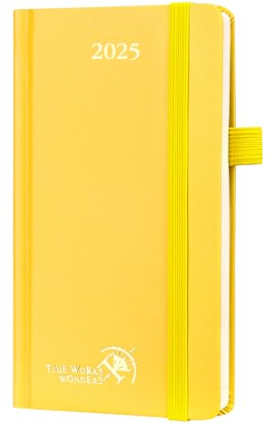 POPRUN Taschenkalender 2025 Klein 16,5 x 9 cm (Jan.2025-Dez.2025) - Kalender 2025 Klein Hardcover - Terminplaner, Planer 1 Woche 2 Seite mit Innentasche - Hellgelb