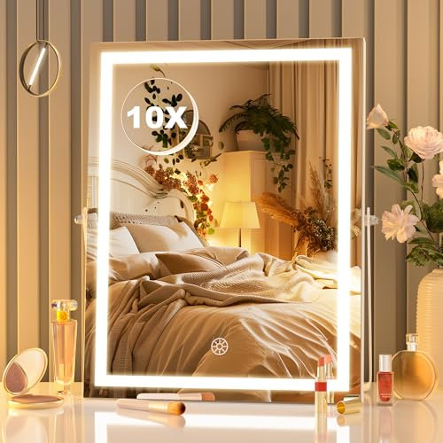 Hasipu Kosmetikspiegel mit Beleuchtung, 27 x 35cm LED Schminkspiegel mit 10facher Vergrößerung, Smart Touch 3 Farben dimmbar, 360ー drehbar, Weiß