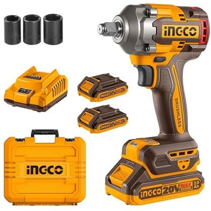 INGCO 20 V Chiave a impatto senza fili 400 NM, Motore senza spazzole, Avvitatore a impatto elettrico senza fili 2300 giri/min, con 3 bussole a impatto (17/19/21mm), 2 batterie 2,0 Ah e 1 caricatore