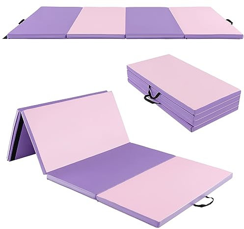 COSTWAY Tapis de Gymnastique Epais 240x116x5CM, Matelas d'Entrainement Pliable en Mousse et PU Détachable avec 2 Poignées 4 Bandes, pour Gymnastes Entraînements Sportifs Yoga, Violet et Rose