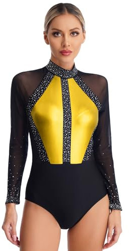 dPois Damen Gymnastikanzug Turnanzug Langarm Trikot Leotard Metallic Farbblock Bodysuit mit Stass Tanzbody Tanzkleidung Elegant Gold S
