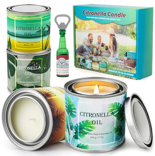 Citronella Candle Gifts Set Outdoor Large,4 x 200g/7Oz Soy Wax Candles,Scented Candle with Beer Bottle Opener,Citronella Camping Candles for Garden BBQ Outdoor Event Holiday
