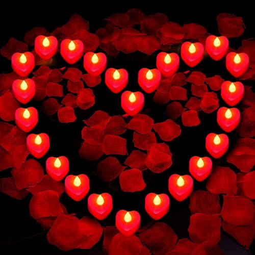 ZOYDP 24 Stück Herz Form LED Teelichter, Flammenlose Herz Teelichter Rot, mit 2000 Stücke Künstliche Gefälschte Rosenblätter, herz teelichter Batterie, LED Kerze Liebe für Hochzeiten, Heiratsantrag