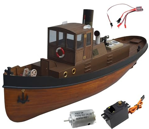 Modello di rimorchiatore a vapore degli anni '30, con elettronica, scala 1:18, dimensioni LxPxH 720 x 180 x 270 mm, componenti in legno tagliati al laser, 1200 g, idoneo alla navigazione