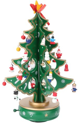Cabilock Albero di Natale classico carillon in legno con meccanismo a orologeria, albero di Natale con ciondolo a forma di pupazzo di neve in miniatura, fatto a mano, scatola melodia ornamentale per